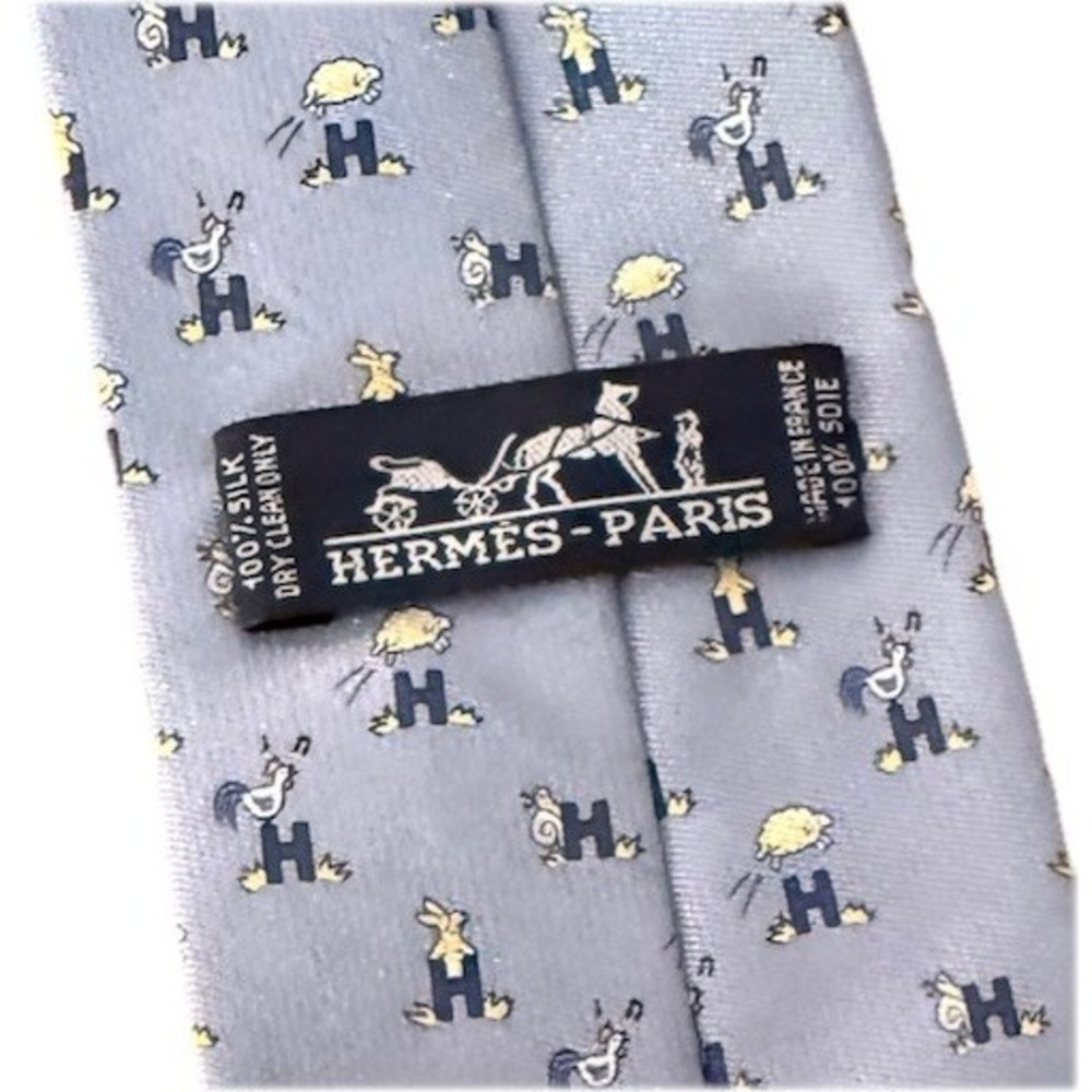 Authentic Hermès Silk Tie Blue Farm Animal H Chicken Sheep Rabbit Novelty France - Picture 2 of 5